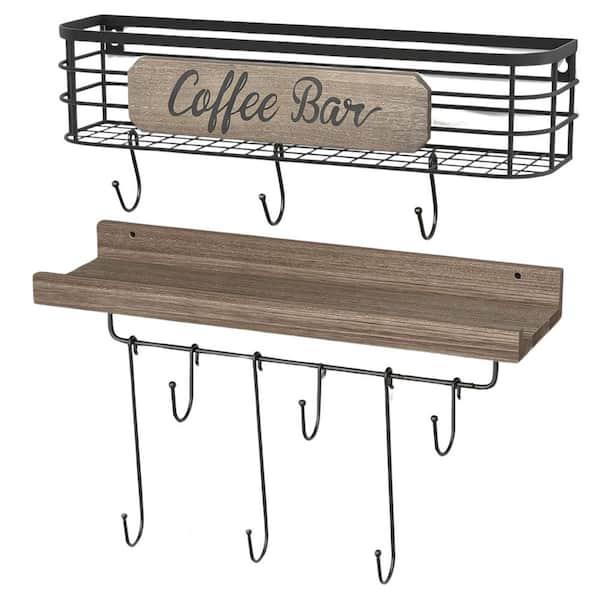 Afoxsos Multi Floating Shelves 5.1 in W x 17 in D 2 Pack Coffee Mug Holder Organizer w 12 Hooks Wall Mounted Coffee Bar Metal