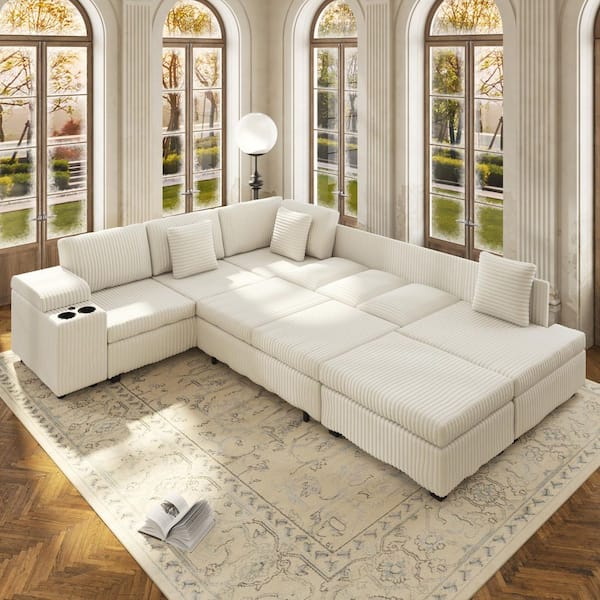 Eve 110.2 in. Storage Armrest Corduroy Modular Convertible Sectional Sofa in. Beige with Ottoman, USB Ports, Cup Holder