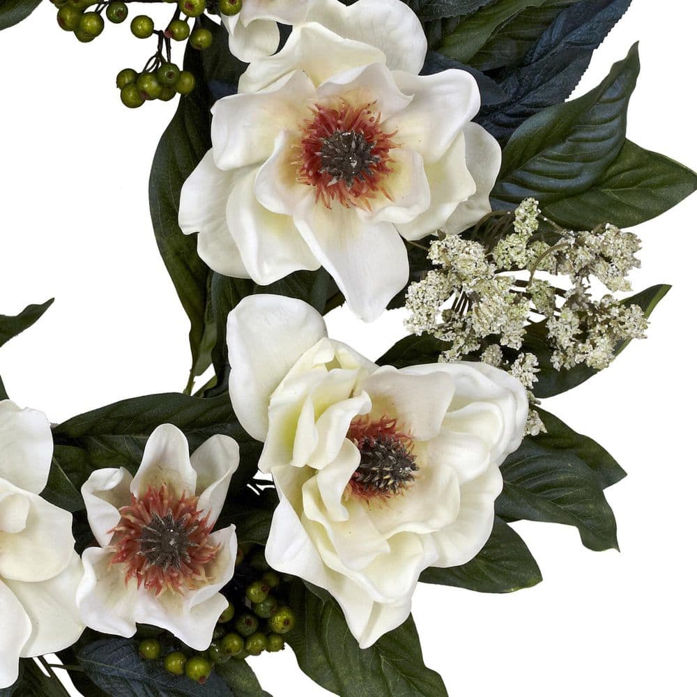 22-Inch White Magnolia Artificial Wreath with Greenery