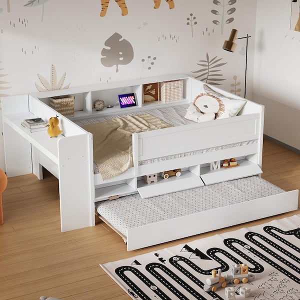 Harper & Bright Designs White Wood Frame Multi-Functional Twin Daybed with Drawers, Trundle, Desk, Storage Headboard, USB Charging Station