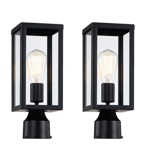 Hukoro Cal 13.39 in.1-Light Matte Black Metal Hardwired Outdoor Weather Resistant Post Light with Clear Glass(2-Pack)