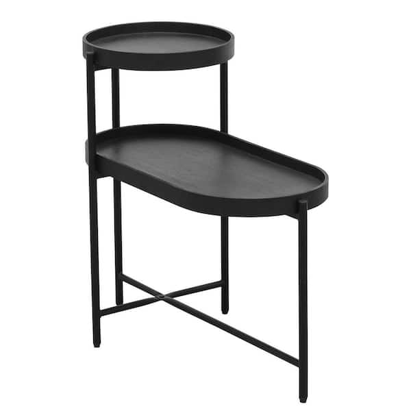Aoibox Metal Frame 29.13 in. Black Oval Wood End Table with 2-Tier Shelves