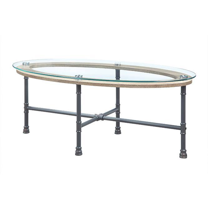 Industrial Oval Glass Top Coffee Table with Metal Frame
