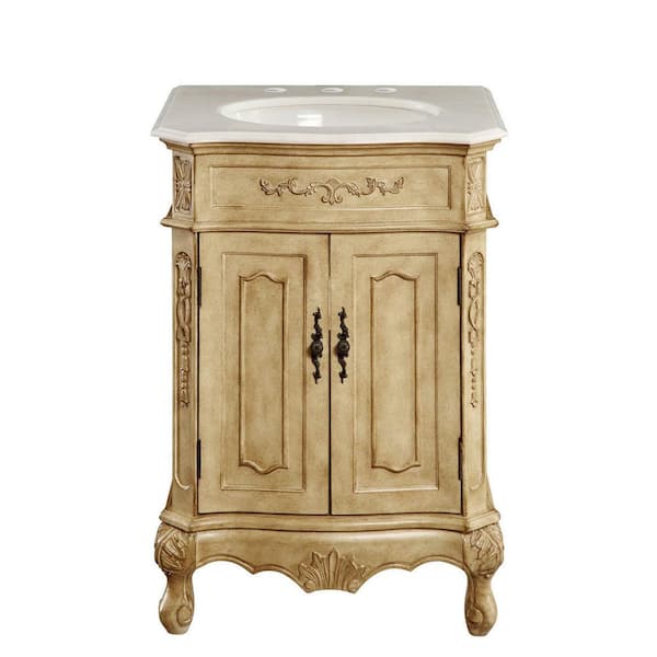 Unbranded Simply Living 24 in. W x 21 in. D x 35 in. H Bath Vanity in Antique Beige with White And Brown Vein Marble Top