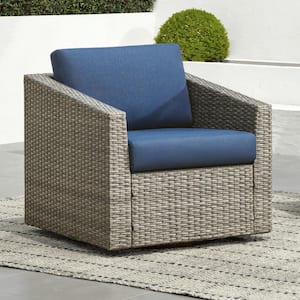 Cyril Grey Fabric 360° Swivel Wicker Accent Chair with Blue Cushions for Living Room or Backyard for Outdoor & Indoor