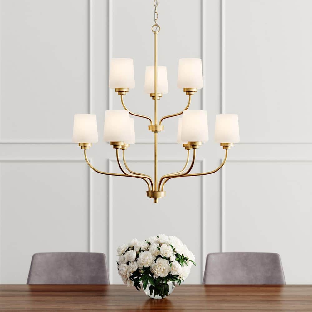 Windom Satin Brass 9-Light Transitional Chandelier with Etched Opal Glass