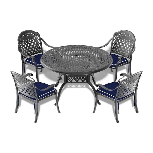 5-Piece Set of Cast Aluminum Patio Outdoor Dining Set with Random Colors Cushions and Black Frame