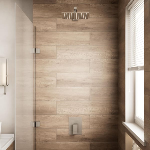Crozet 1-Spray 1.8 GPM 10 in. Wall Mount Fixed Shower Head Shower Faucet with Pressure Balance in Brushed Nickel