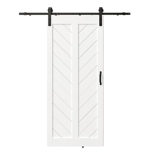 TENONER 36 in. W. x 84 in. V-Shape White Finished MDF Sliding Barn Door with Hardware Kit