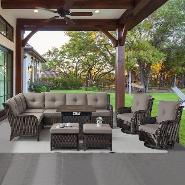 Opohoro Brown 6-Piece Wicker Patio Fire Pit Set, Outdoor Sectional Seating Set with Olefin Gray Cushions and Swivel Rockers