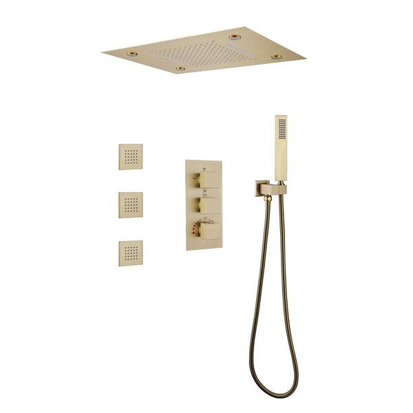 4-spray Square Shower Head Ceiling Type Fixed and Handheld Shower Head Flow rate 1.8 GPM in Brushed Gold
