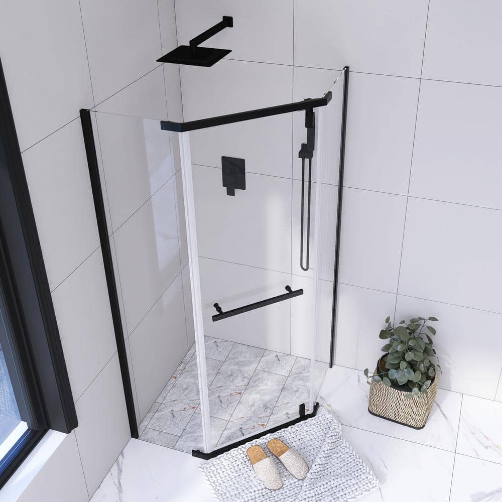 Matte Black Neo-Angle Frameless Pivot Shower Door with Clear Glass