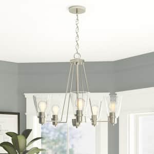Printers Row 5-Light Satin Platinum Chandelier with Clear Seedy Glass Shades For Dining Rooms
