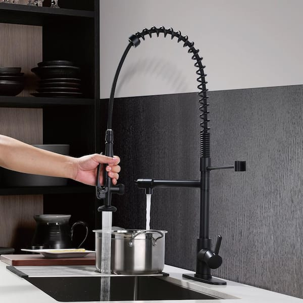 Commercial Deck Mount Double Handle Pull Down Sprayer Kitchen Faucet with Pre-Rinse, Soap Dispenser in Matte Black