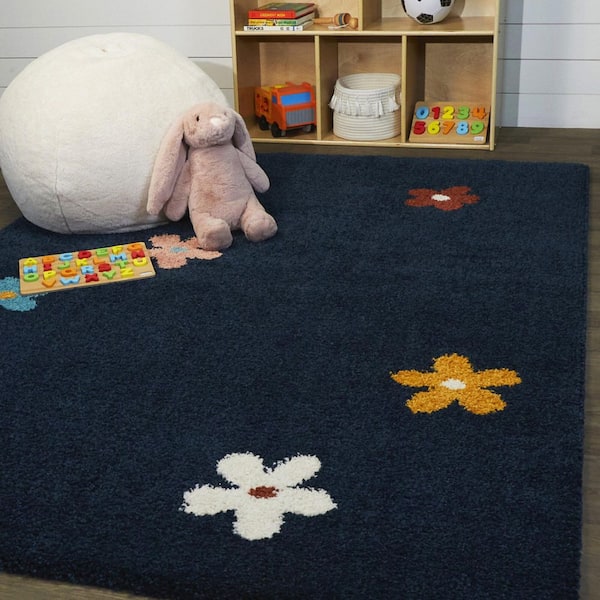 Floral Shag Navy 3 ft. 11 in. x 5 ft. 7 in. Floral Area Rug