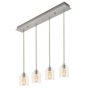 William 4-Light Satin Nickel, Clear Shaded Pendant Light with Clear Glass Shade