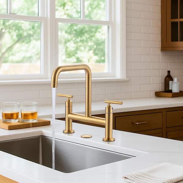 Double Handle Bridge Faucet with Kitchen Sink Hole Cover in Brushed Gold