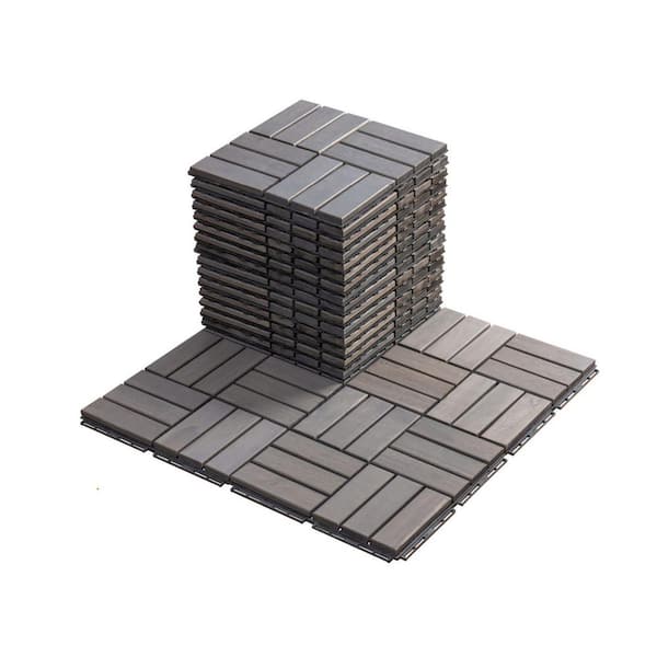 Afoxsos 20 -Pieces Light Gray 1 ft. x 1 ft. Interlocking Deck Tiles Checker Pattern Acacia Hardwood Flooring for Patio, Balcony