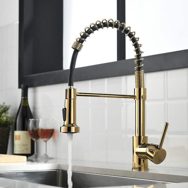 Contemporary Single-Handle Gooseneck Pull Down Sprayer Kitchen Faucet in Brushed Gold