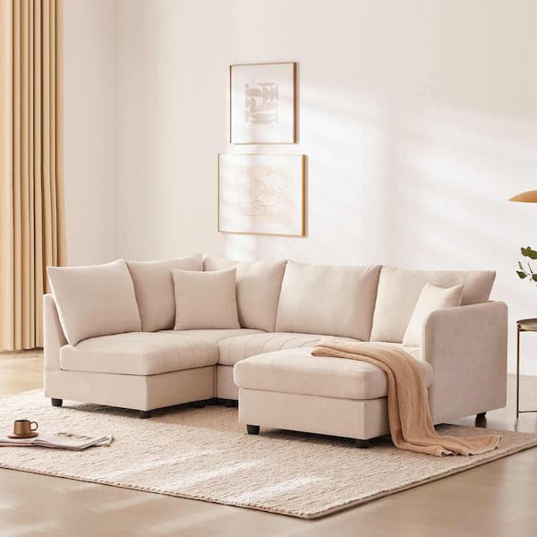 89 in. Square Arm Fabric L-Shaped Sofa with Vertical Stripes in Beige