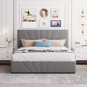 64 in. W Gray Queen Size Linen Upholstered Platform Bed with Gas Lift Up Storage, Wood Platform Bed Frame with Slats