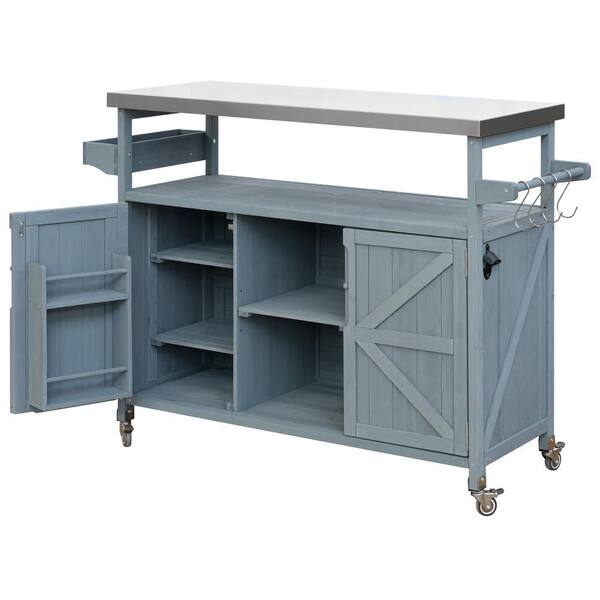 Unbranded Outdoor Kitchen Island, Rolling Bar Cart and Storage Cabinet, Farmhouse Solid Wood Grill Table with Stainless Steel Top