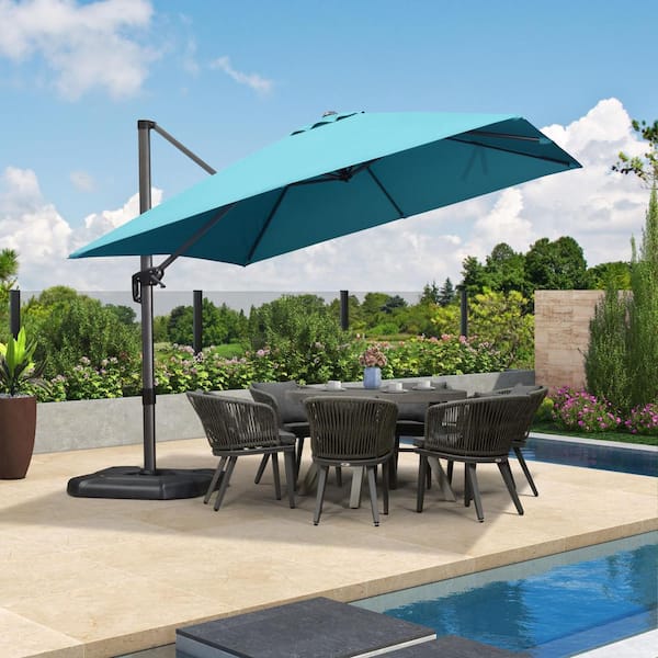 PURPLE LEAF 10 ft. Square Aluminum Outdoor Patio Cantilever Umbrella Offset 360° Rotation Umbrella with Base, Turquoise Blue