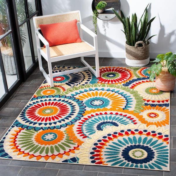Cabana Blue/Ivory 5 ft. x 5 ft. Medallion Floral Indoor/Outdoor Square Area Rug