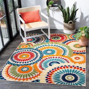 Cabana Blue/Ivory 7 ft. x 7 ft. Contemporary Medallion Floral Indoor/Outdoor Patio Square Area Rug