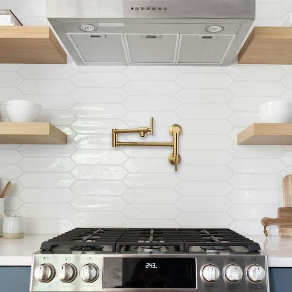 Brass Wall Mounted Pot Filler with control Double Joint Swing Arm in Brushed Gold