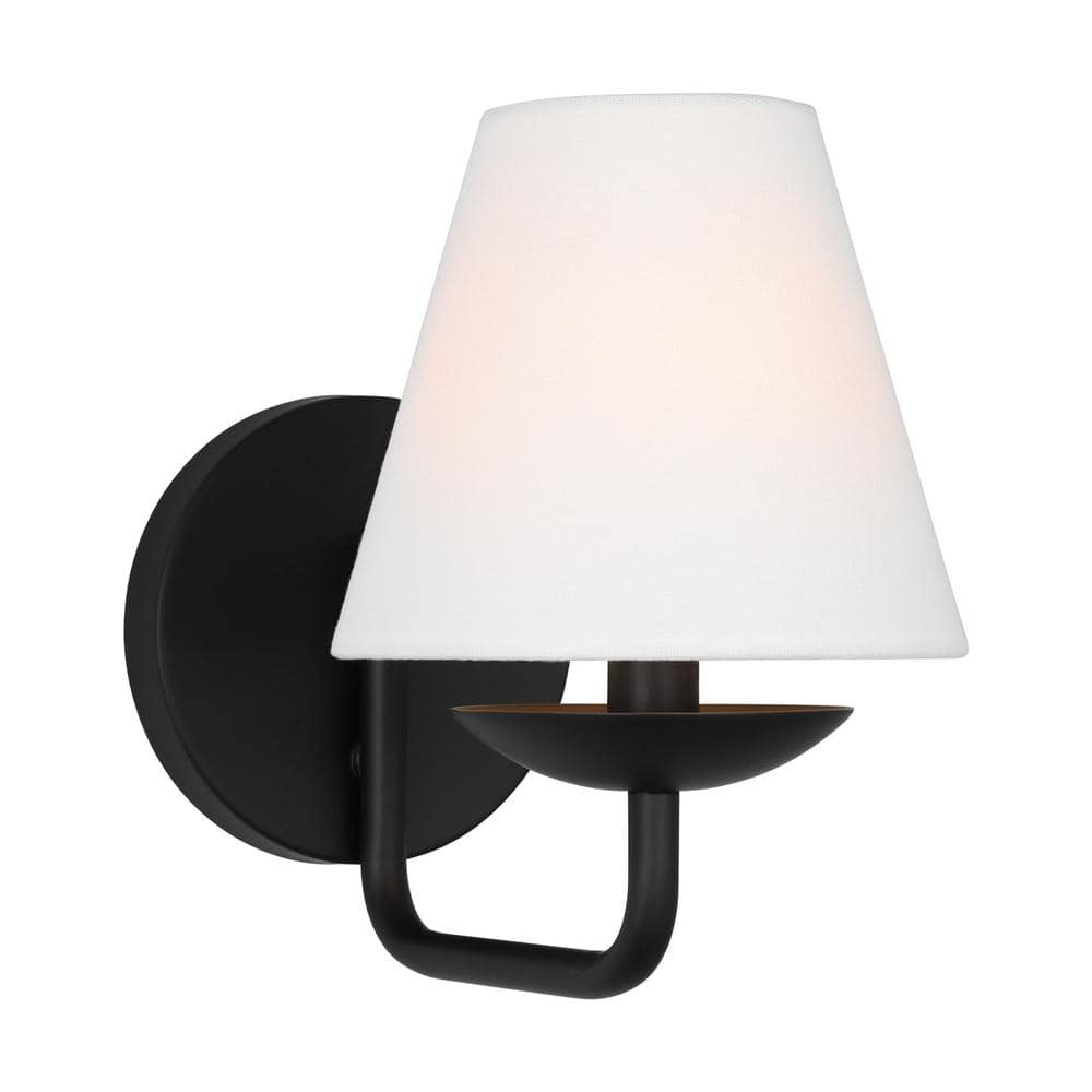 Midnight Black Steel Wall Sconce with White Linen Shade