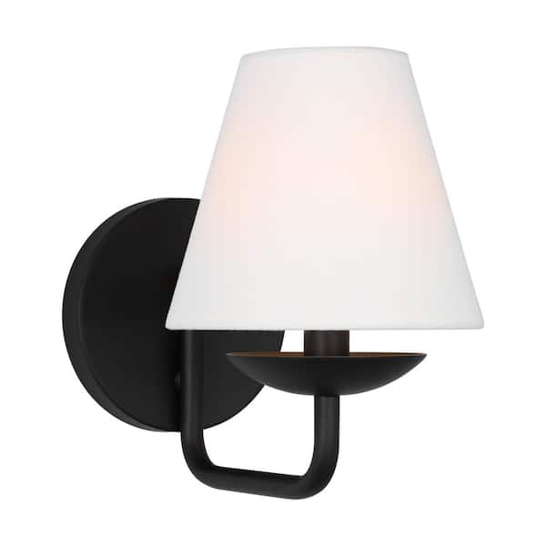 SCOTT LIVING Albion Small 1-Light Matte Black Wall Sconce with White Linen Shade