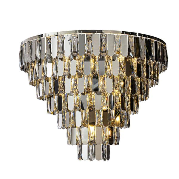 28 in. 12-Light Polished Nickel Modern and Contemporary 7-Tier Round Flush Mount Ceiling Light with Smoked Crystal
