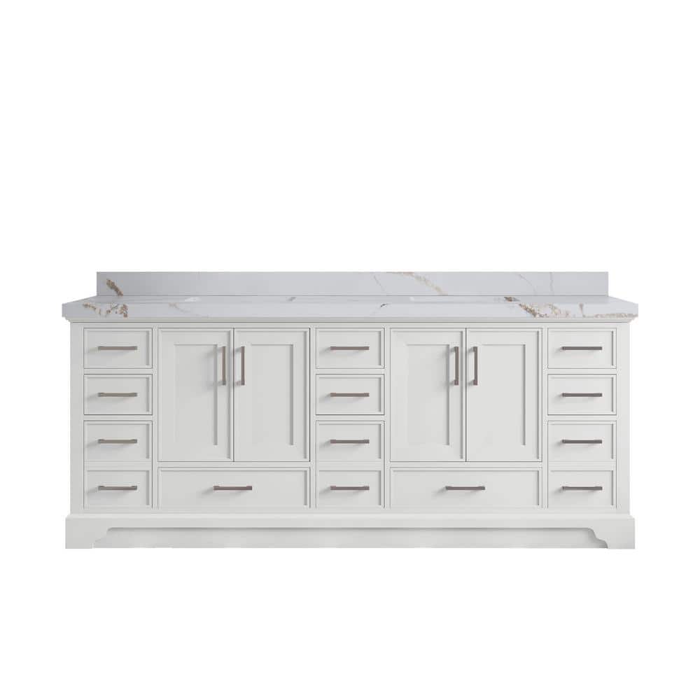 Charlotte 84 in. Double Sink Freestanding White Bath Vanity with Calacatta Gold Qt. Top Unassembled price history on PriceWatchPro