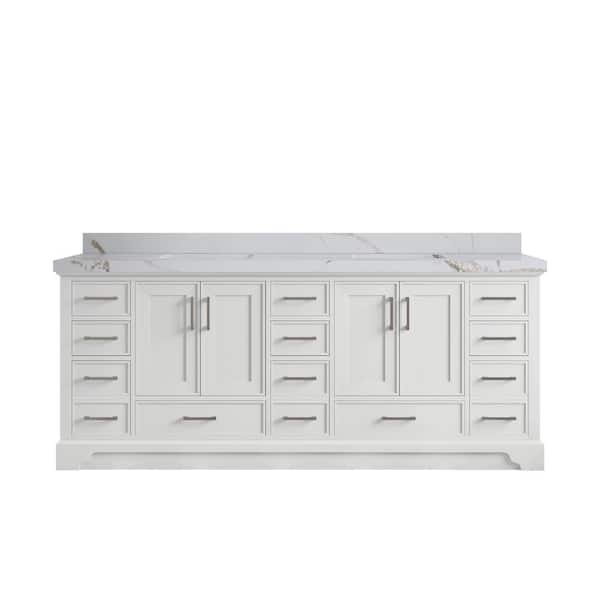 Charlotte 84 in. Double Sink Freestanding White Bath Vanity with Calacatta Gold Qt. Top Unassembled