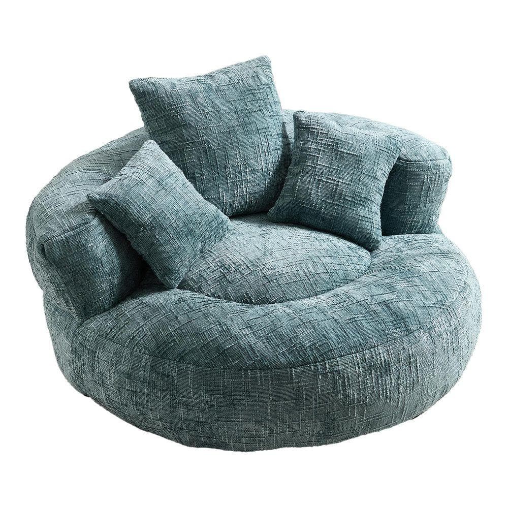 Modern Comfy Teal Chenille Upholstery Bean Bag Round Accent Arm Chair