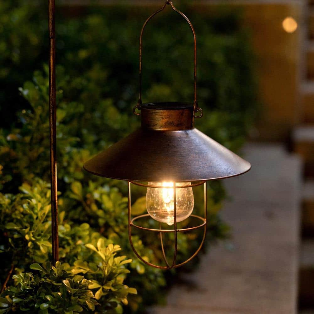 Brushed Copper Solar LED Hanging Lantern with Shepherd Hook, 2-Pack