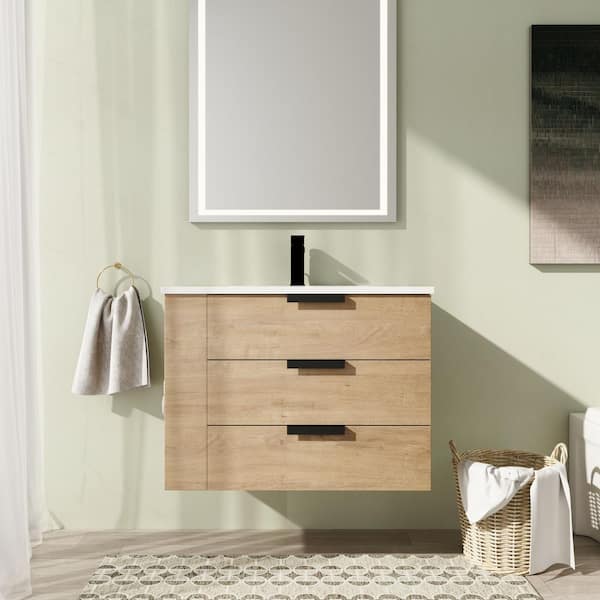 30 in. Wall-Mounted Single Oak Bath Vanity with White Resin Top Assembled
