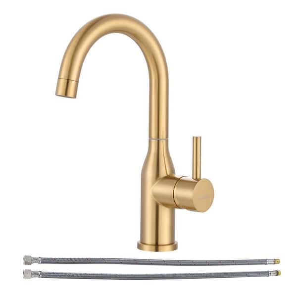 Deck Mount Single Handle Single Hole Bar Faucet with 360° Swivel Spout and Supply Lines in Brushed Gold