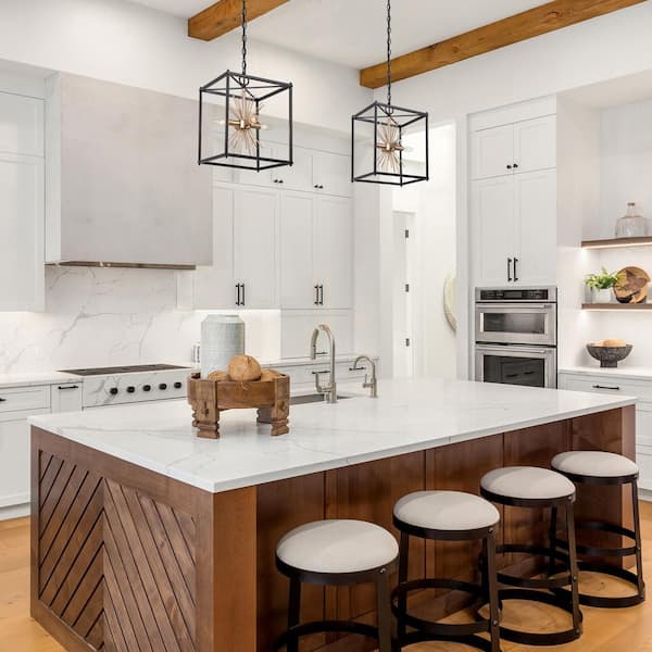Transitional Kitchen Island Pendant Light 4-Light Black and Brass Cage Pendant Light
