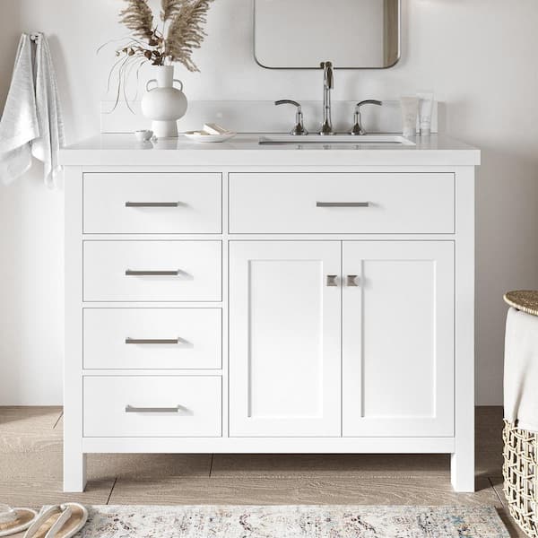 ARIEL Bristol 43 in. W x 22 in. D x 36 in. H Freestanding Bath Vanity in White with Pure White Quartz Top