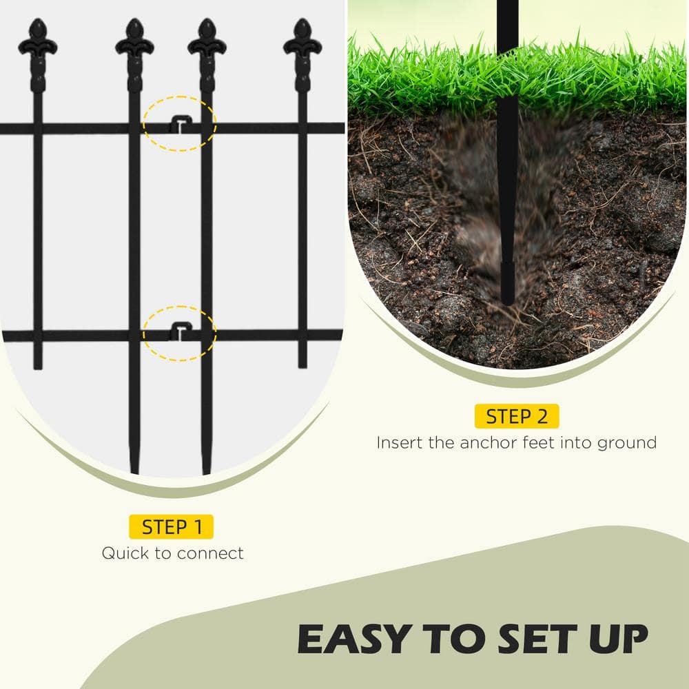 Black Steel Decorative Garden Border Fence Panels, 9.2' x 17.25"