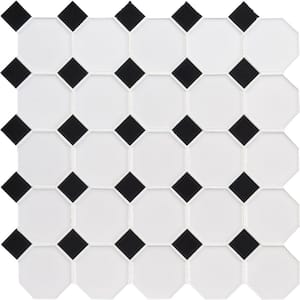 Retro Brick White&Black Octagon 11.61 in. x 11.61 in. x 6mm Glazed Porcelain Mesh-Mounted Mosaic Tile (14.1 sq. ft/Case)