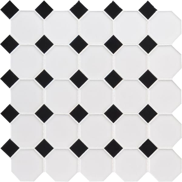 MSI Take Home Tile Sample - Retro Brick 4 in. x 4 in. White and Black Octagon Glazed Porcelain Mosaic Tile