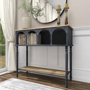 47 in. Black Oversized Rectangle Metal 2 Shelves Console Table with Brown Wood Top
