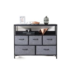 38.75 in. W x 31 in. H x 11.5 in. D Grey Fabric 5-Drawer Storage Dresser with Open Shelf