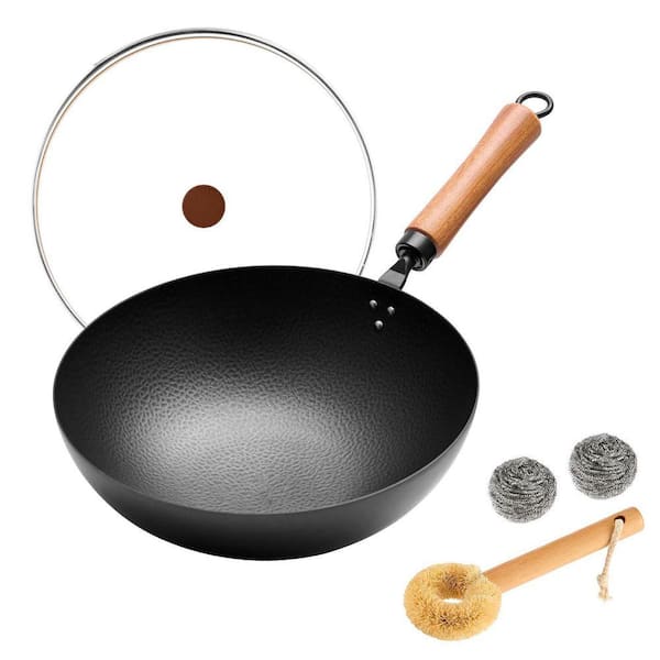11 in. Round-Bottom Carbon Steel Wok with Glass Lid and Removable Wooden Handle for Gas Flame Cooktops Only
