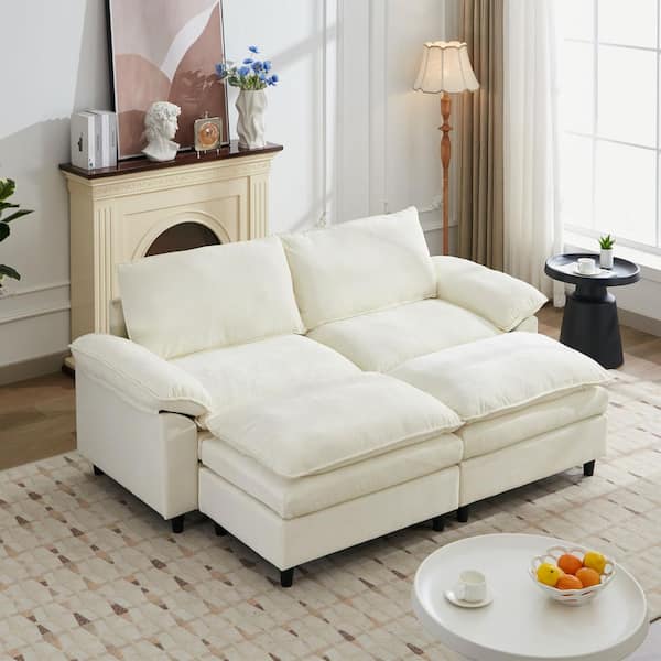 Chic 80 in. Beige Chenille 2-Seater Loveseat Sofa Couch with Soft Pillowed Armrest and 2 Ottomans for Living Room