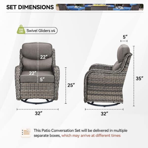Luxury 4-Piece Gray Swivel Glider Wicker Outdoor Rocking Chair with Olefin Gray Cushions for Patio or Porch