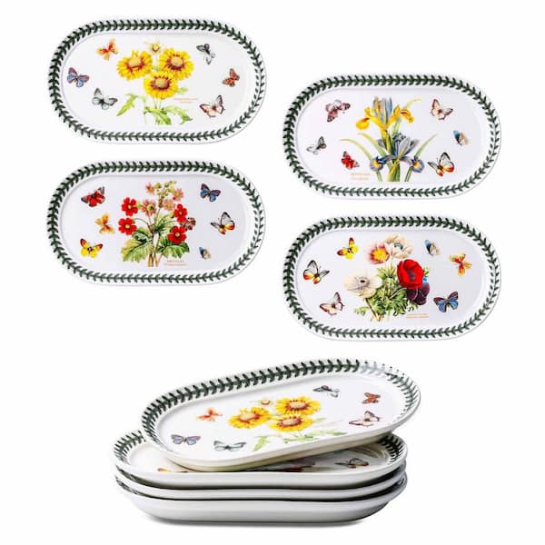 White Ceramic 8.5 in. Rectangular Porcelain Appetizer Plates with Country Style Garden Design Microwave Safe 4-Pack